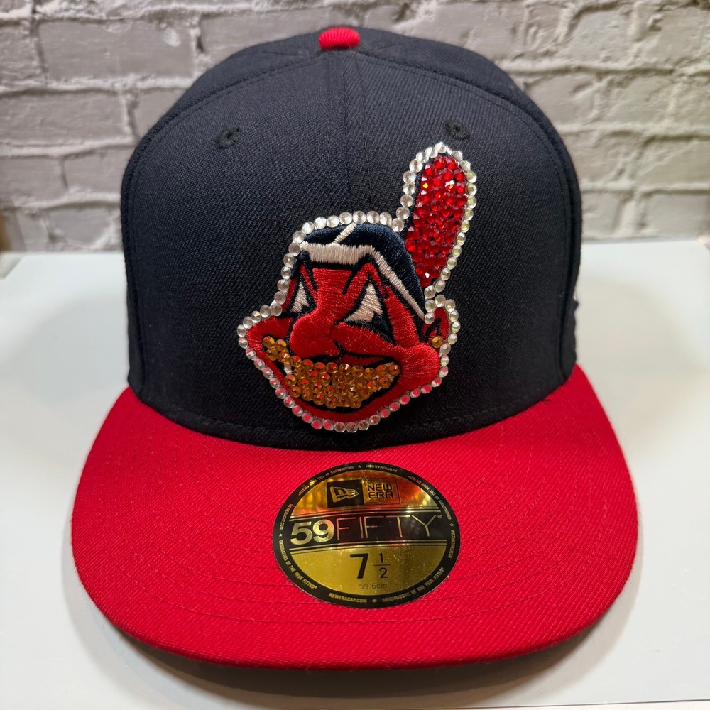 Cleveland Indians New Era 59FIFTY 7 1/2 Fitted Hat Chief Wahoo Custom Rhinestone